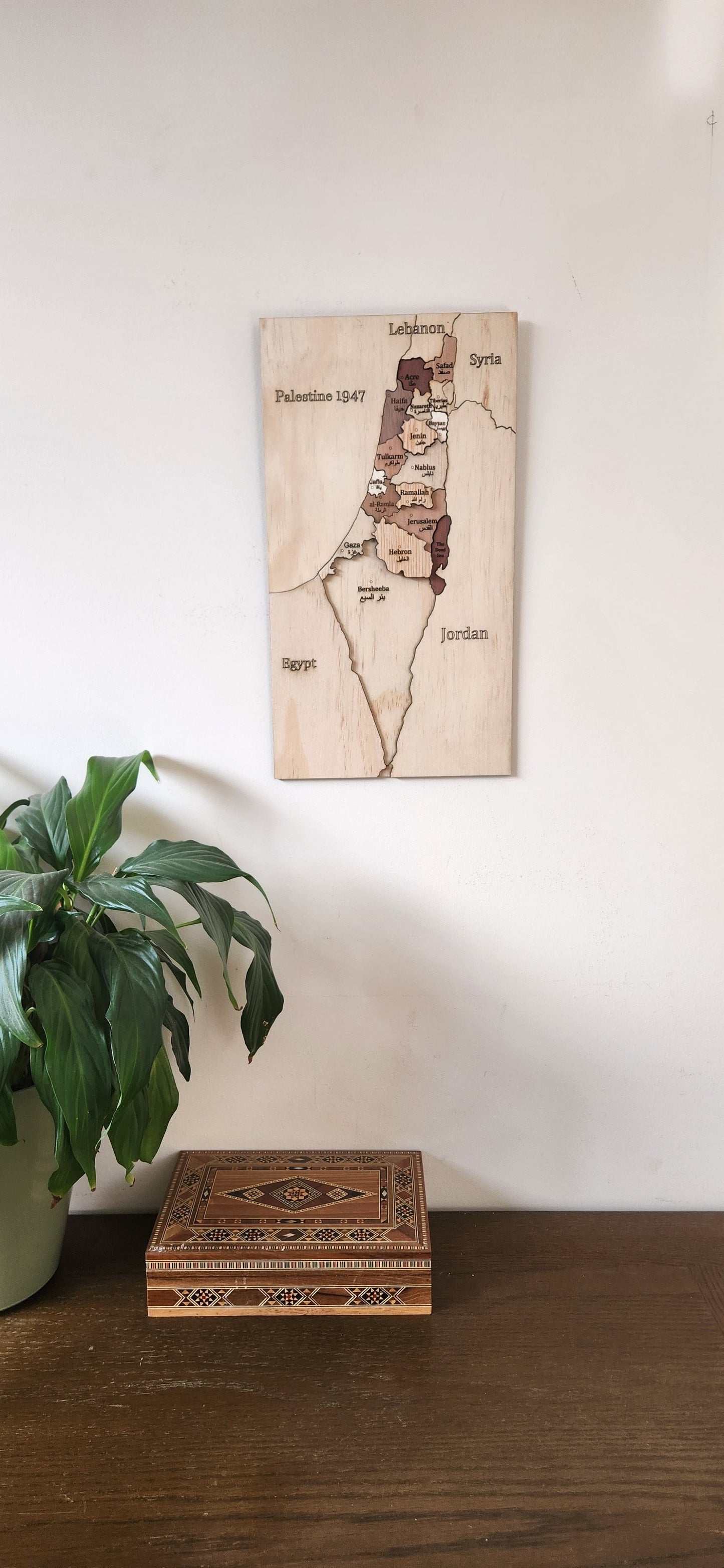 Handmade wooden map of Palestine