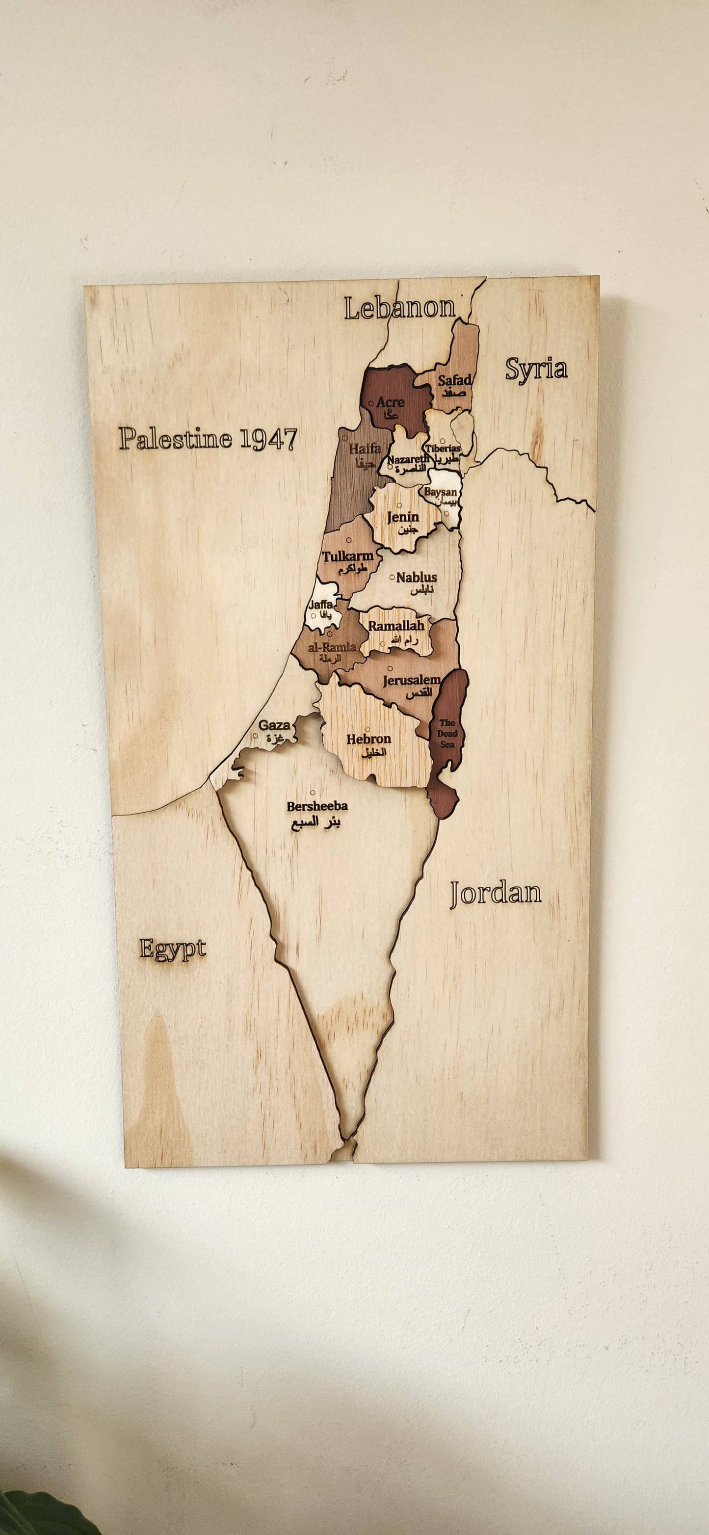 Handmade wooden map of Palestine
