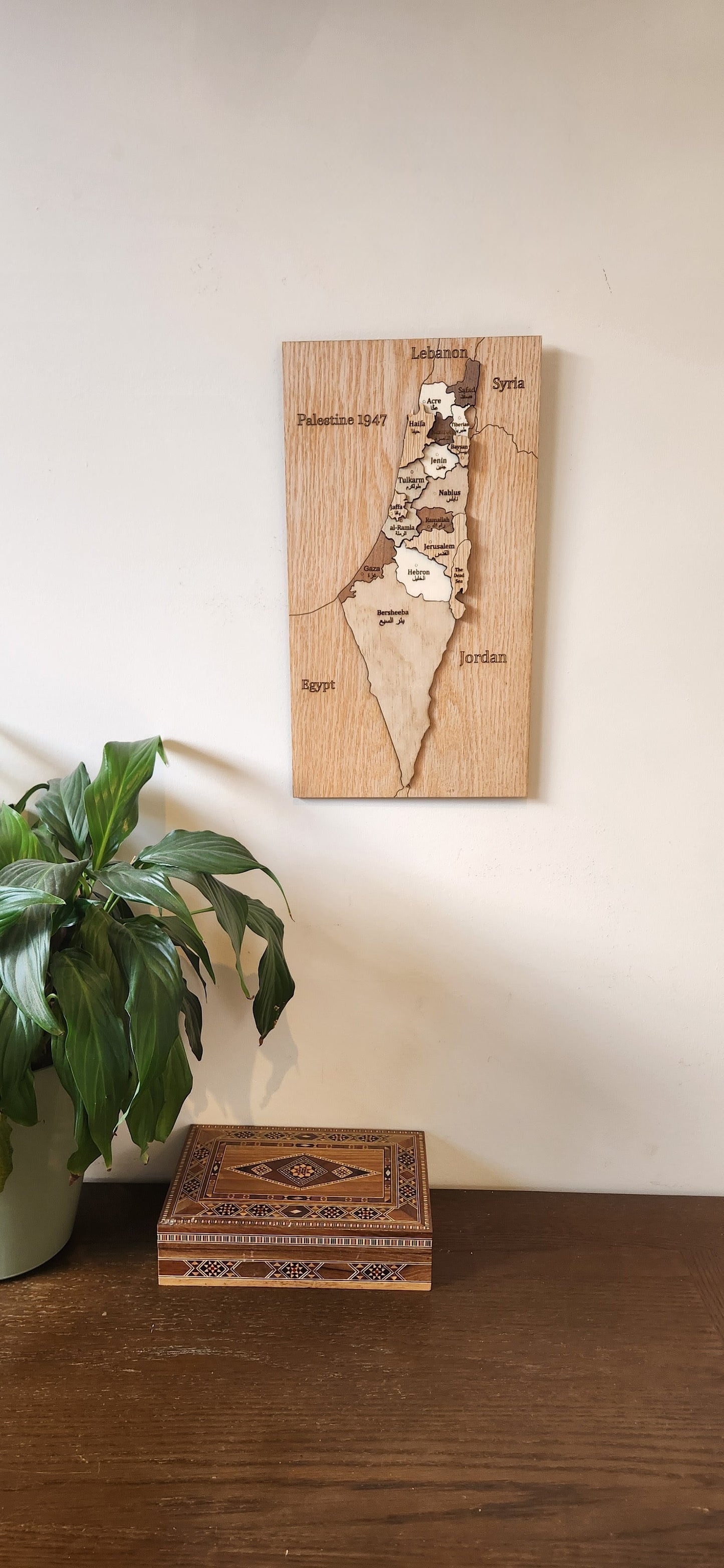 Handmade wooden map of Palestine