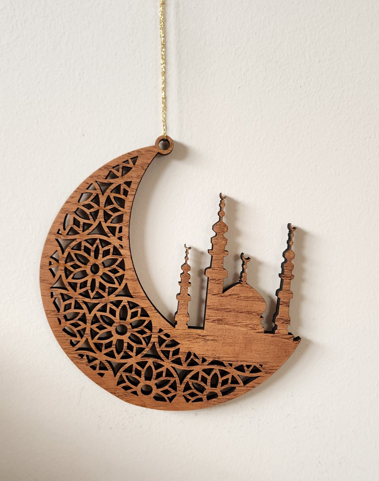 Elegance for Eid: Wooden Moon & Mosque Ornament