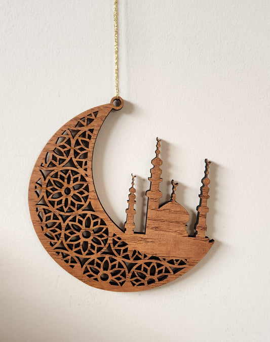 Elegance for Eid: Wooden Moon & Mosque Ornament