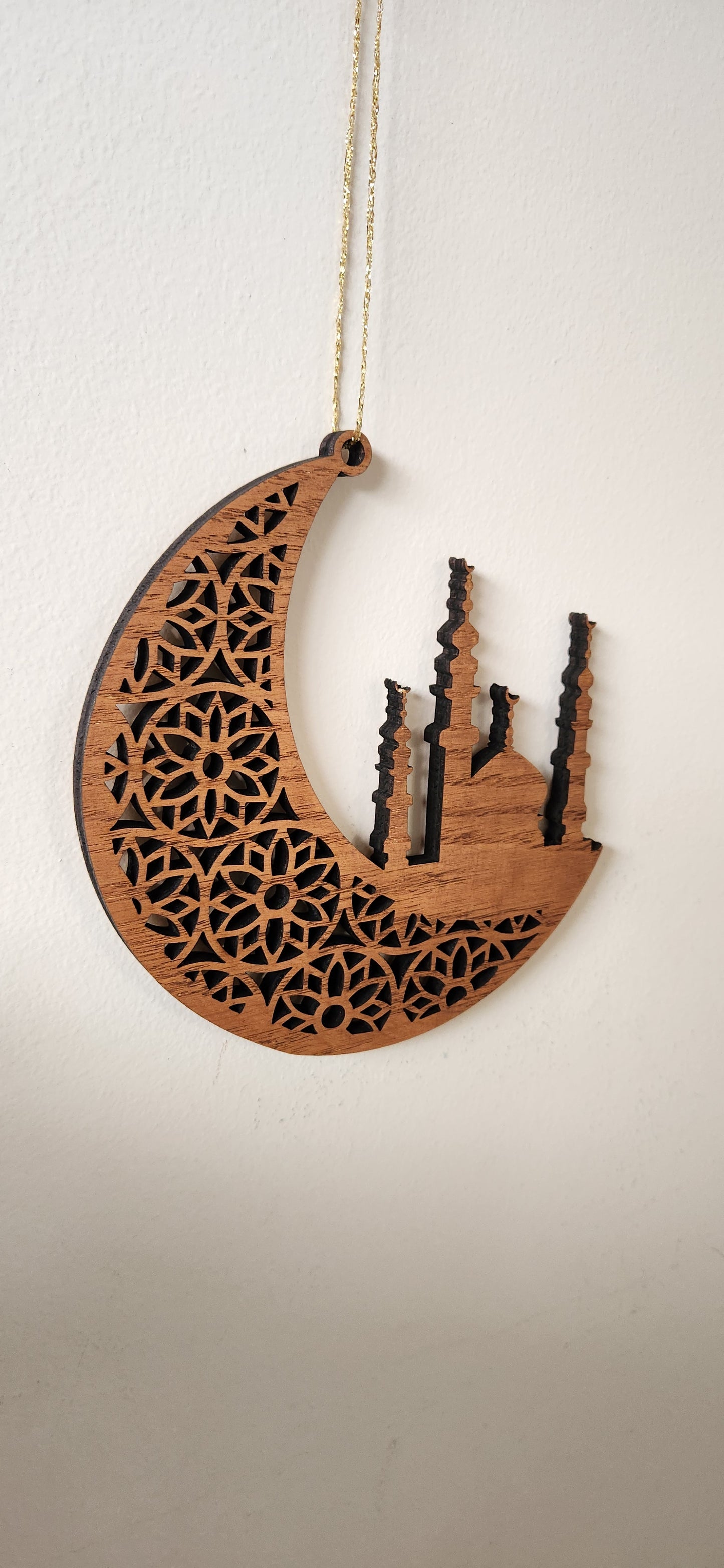 Elegance for Eid: Wooden Moon & Mosque Ornament