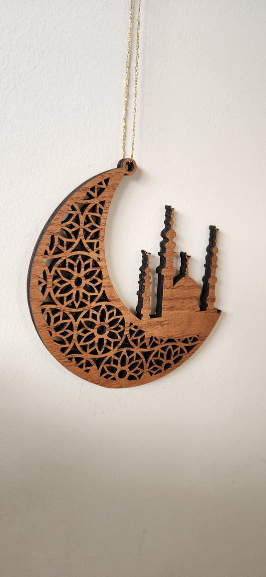 Elegance for Eid: Wooden Moon & Mosque Ornament